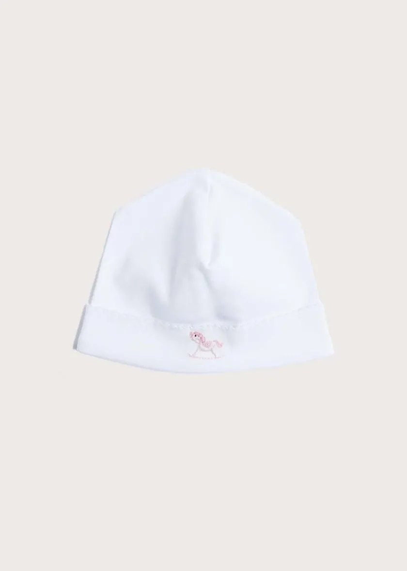 Gifting | Bonnets & Booties | Pepa London Newborn Bonnet with Rocking Horse Embroidery Pink (0-3mths)