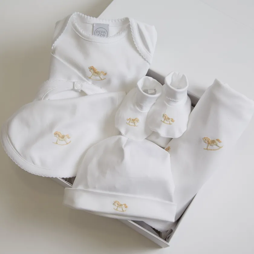 Bonnets & Booties | Gifting | Pepa London Newborn Bonnet with Rocking Horse Embroidery Beige (0-3mths)