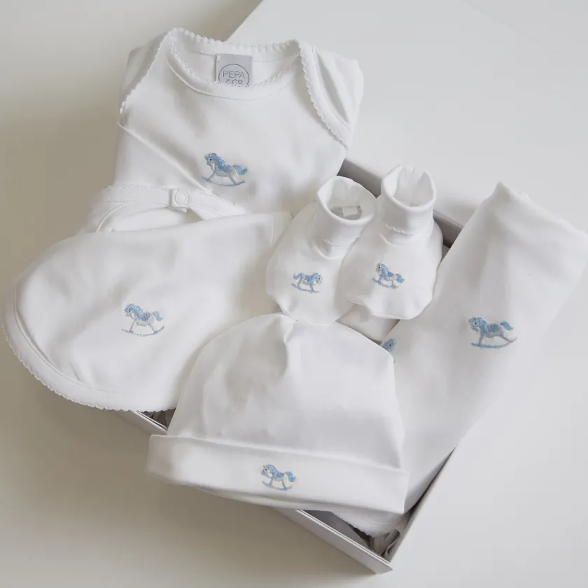 Bonnets & Booties | Gifting | Pepa London Newborn Bonnet with Rocking Horse Embroidery Blue (0-3mths)