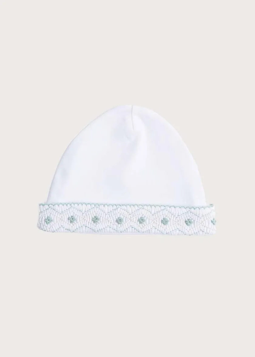 Bonnets & Booties | Bonnets & Booties | Pepa London Newborn Hat with Green Hand Smocked Detail (0-3mths)