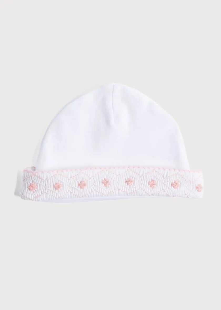 Bonnets & Booties | Bonnets, Booties & Mittens | Pepa London Newborn Hat with Pink Hand Smocked Detail (0-3mths)
