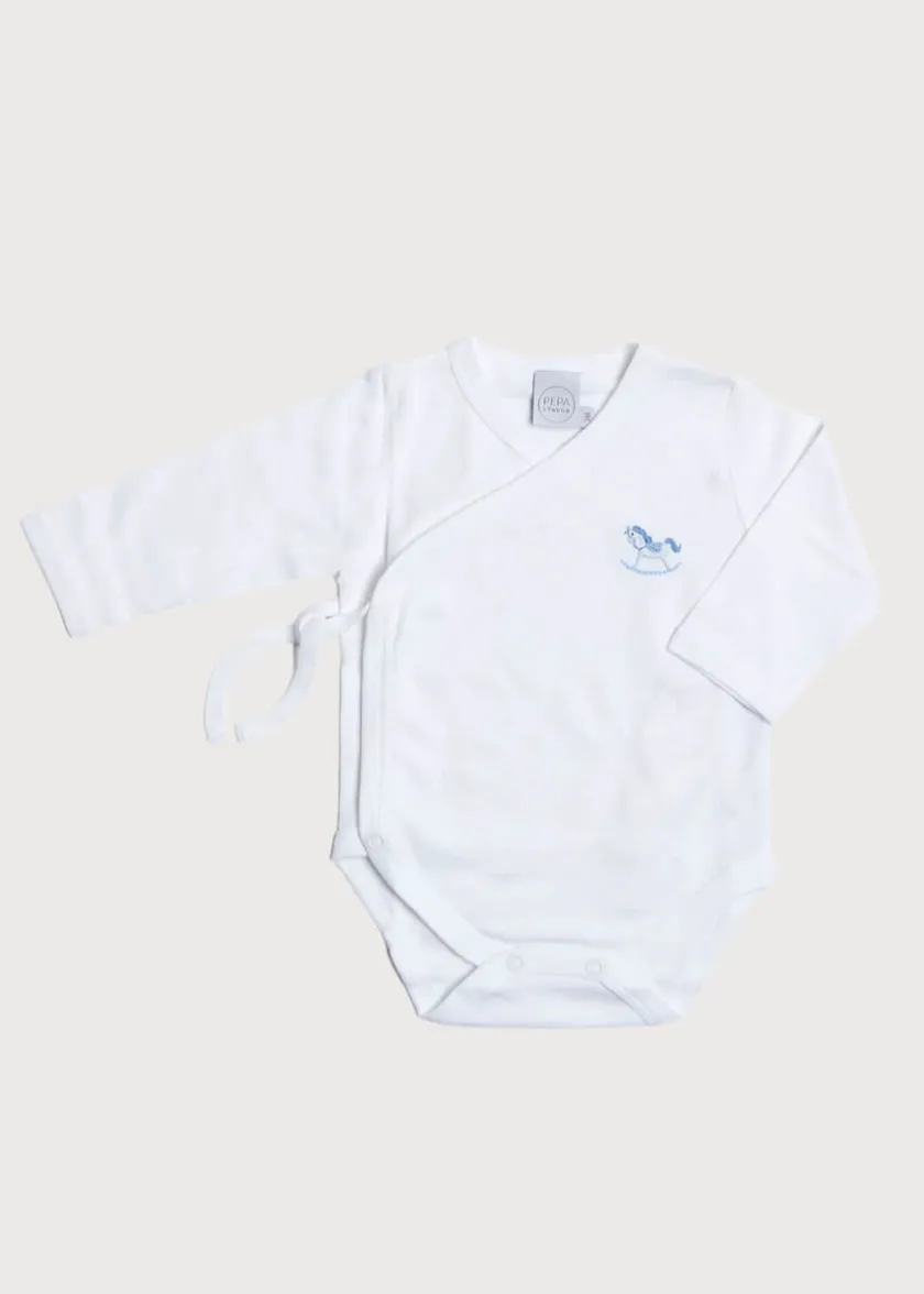 Gifting | Bodysuits & Baby Grows | Pepa London Newborn Side Tie Bodysuit With Rocking Horse Embroidery Blue (1-6mths)