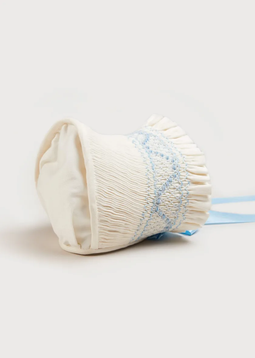 Bonnets & Booties | Gifting | Pepa London Off White and Blue Hand Smocked Baby Bonnet