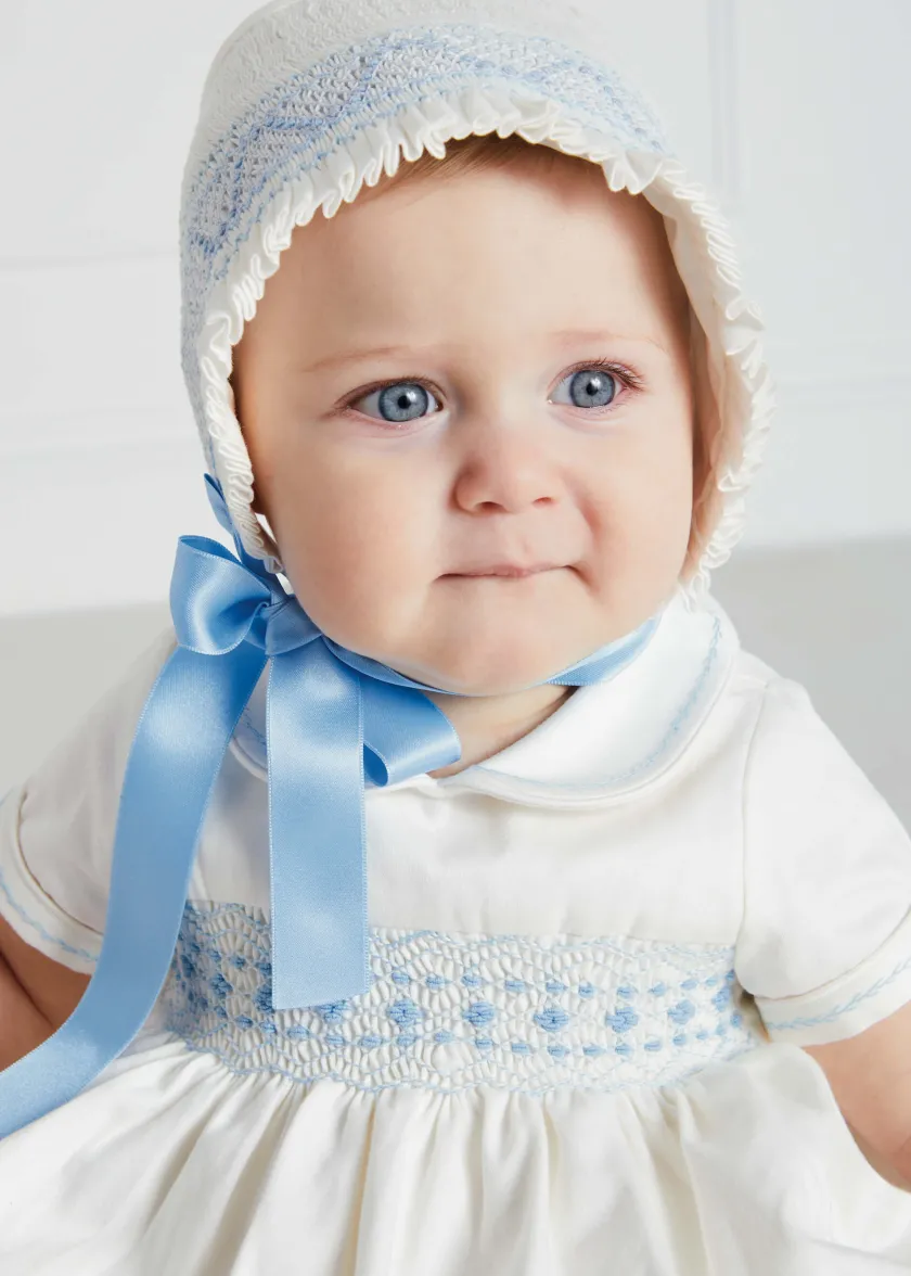 Bonnets & Booties | Gifting | Pepa London Off White and Blue Hand Smocked Baby Bonnet