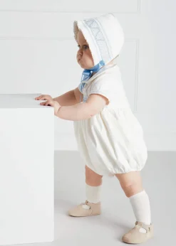 Bonnets & Booties | Gifting | Pepa London Off White and Blue Hand Smocked Baby Bonnet
