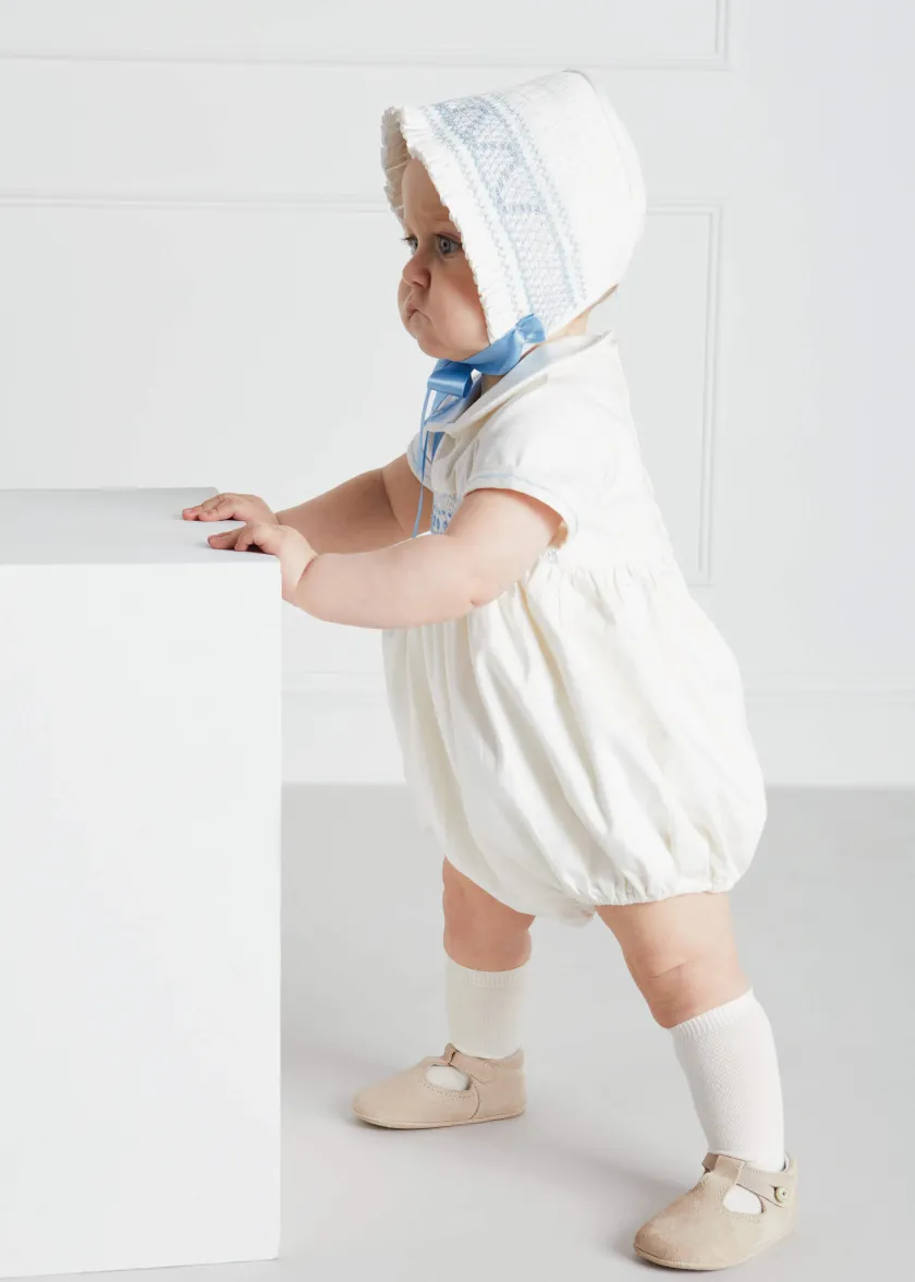 Bonnets & Booties | Gifting | Pepa London Off White and Blue Hand Smocked Baby Bonnet