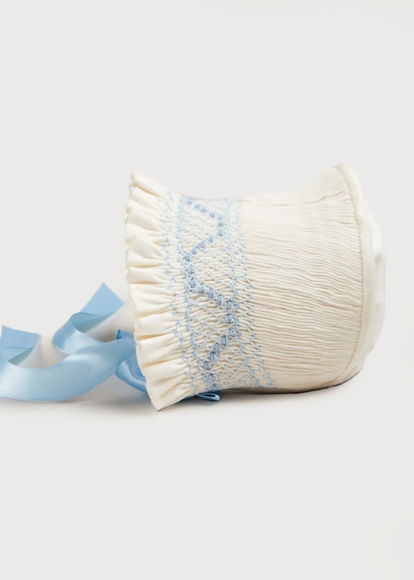 Bonnets & Booties | Gifting | Pepa London Off White and Blue Hand Smocked Baby Bonnet