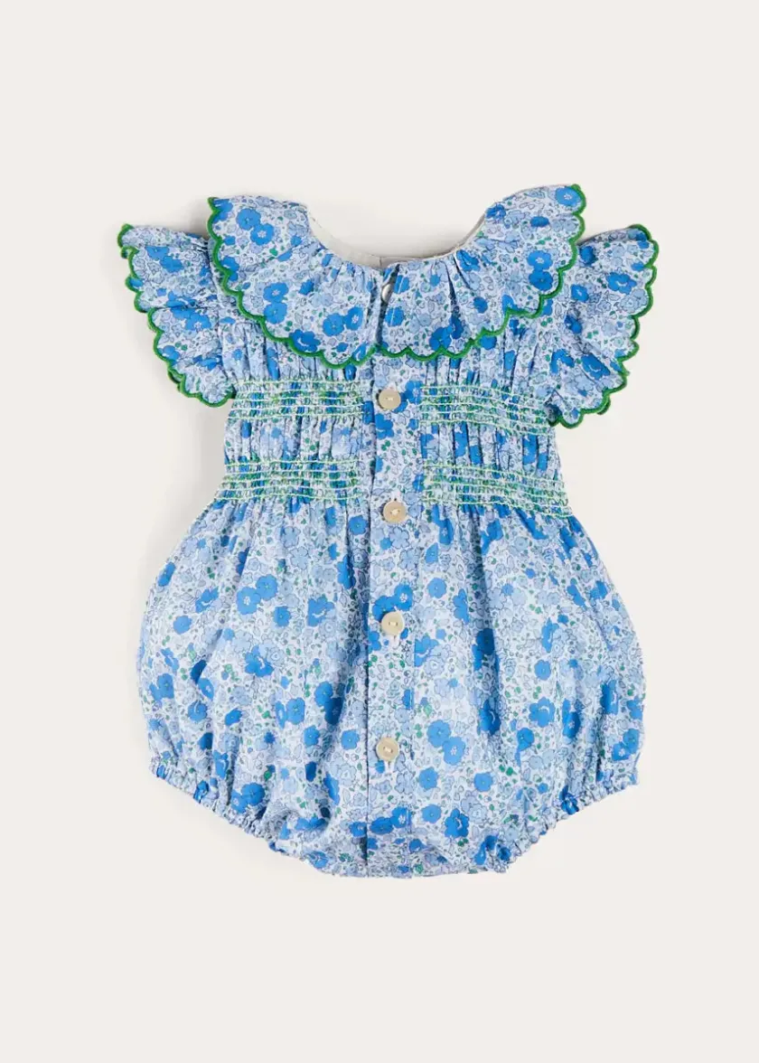 Rompers | Rompers | Pepa London Olivia Floral Smocked Ruffle Collar Sleeveless Romper in Blue (6mths-2yrs)