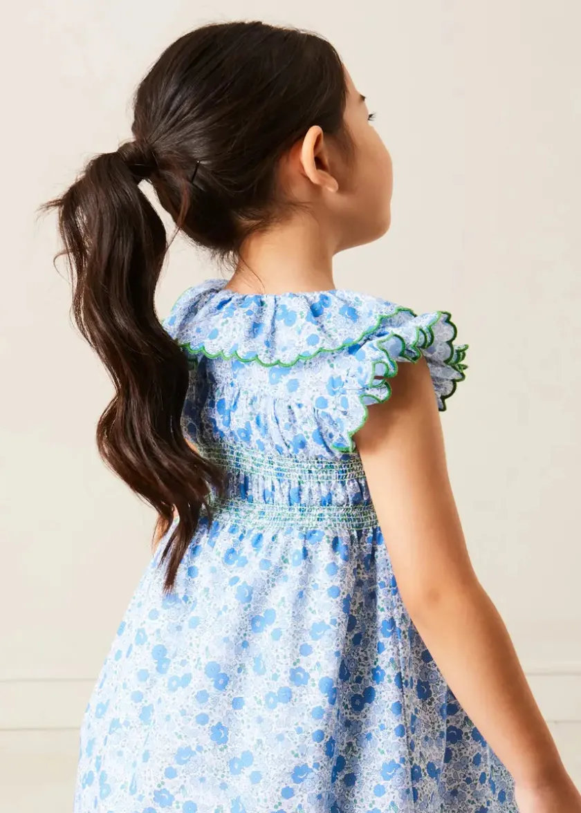 Lookbooks | Pepa London Olivia Floral Smocked Ruffle Collar Sleeveless Dress in Blue (12mths-10yrs) | Floral Openwork Cotton Cardigan in Green (2-10yrs) | Leather Woven Detail Sandals in Beige (24-35EU) | Olivia Floral Medium Bow Hair Clip in Blue