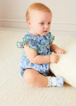 Lookbooks | Pepa London Olivia Floral Smocked Ruffle Collar Sleeveless Romper in Blue (6mths-2yrs) | Plain Cardigan in Navy (6mths-10yrs) | Openwork Knitted Bonnet in Navy (S-L) | Olivia Floral Mary Jane Pram Shoes in Blue (17-20EU) | Openwork short socks White (0mths-8yrs) | Flower Fairies of the Summer Book in White