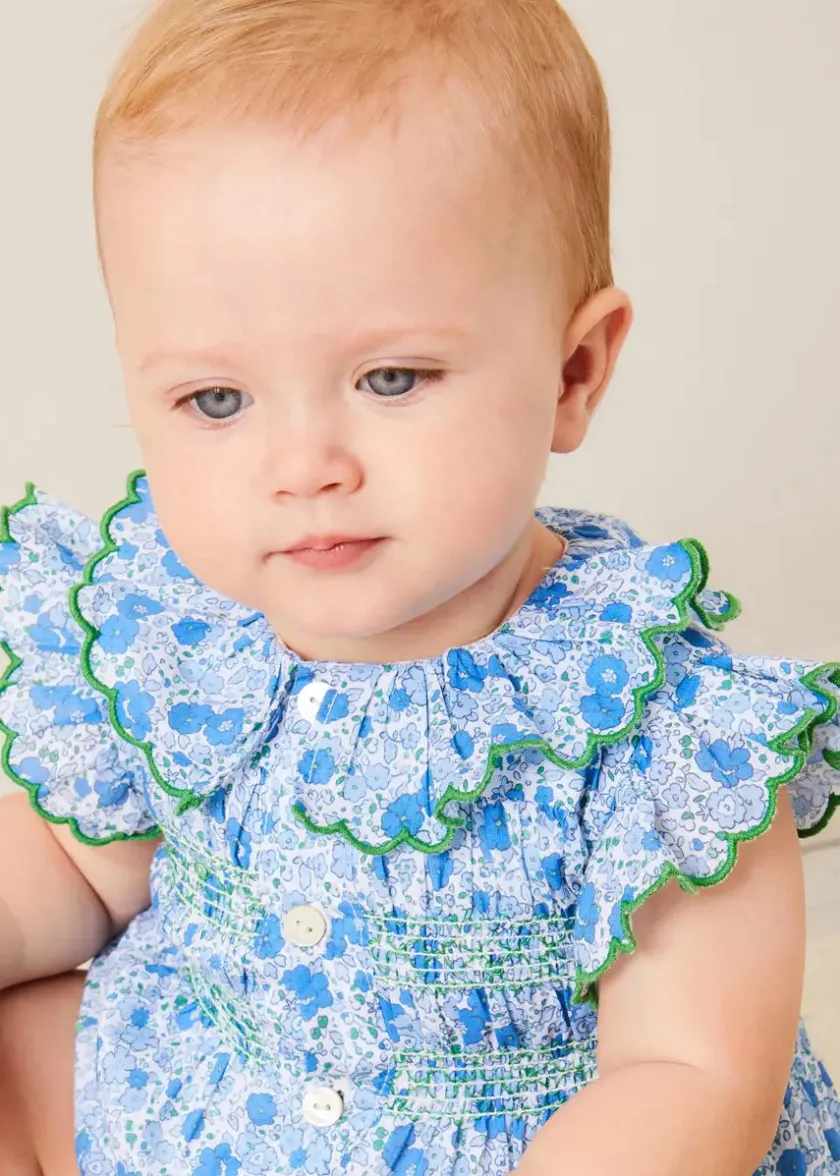Rompers | Rompers | Pepa London Olivia Floral Smocked Ruffle Collar Sleeveless Romper in Blue (6mths-2yrs)