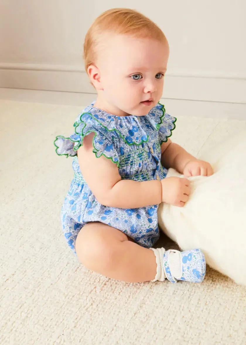 Rompers | Rompers | Pepa London Olivia Floral Smocked Ruffle Collar Sleeveless Romper in Blue (6mths-2yrs)