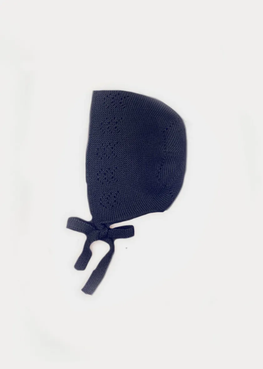 Bonnets & Booties | Knitwear & Cardigans | Pepa London Openwork Knitted Bonnet in Navy (S-L)