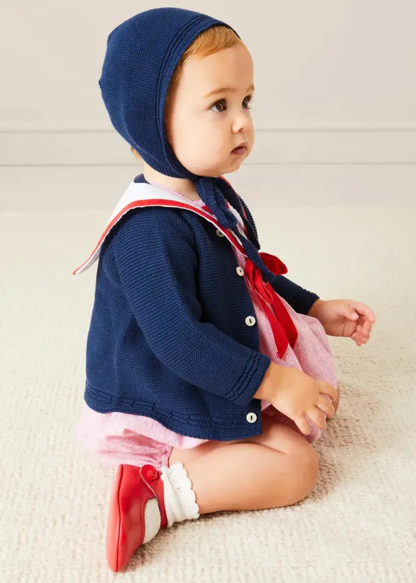 Bonnets & Booties | Knitwear & Cardigans | Pepa London Openwork Knitted Bonnet in Navy (S-L)