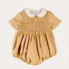 Dungarees & Rompers | Rompers | Pepa London Peter Pan Collar Hand Smocked Short Sleeve Romper in Camel (6mths-2yrs)