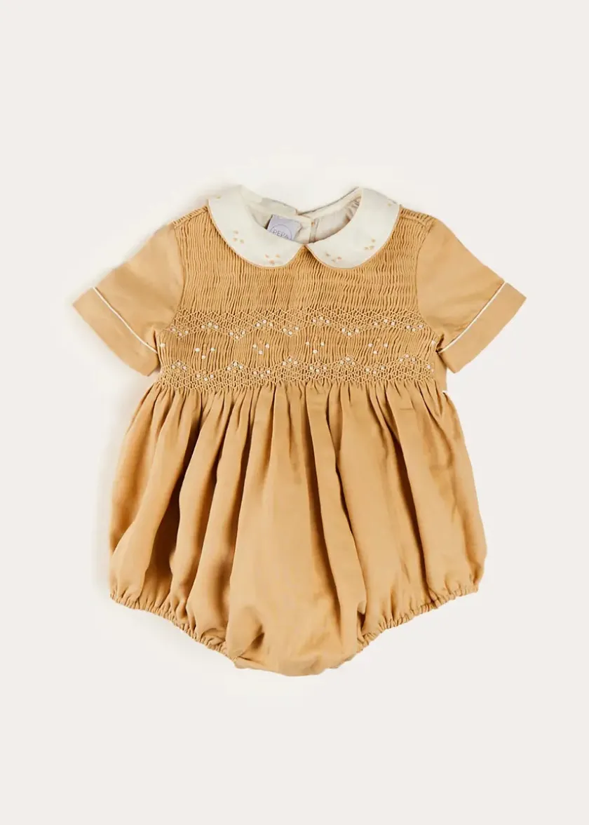 Dungarees & Rompers | Rompers | Pepa London Peter Pan Collar Hand Smocked Short Sleeve Romper in Camel (6mths-2yrs)