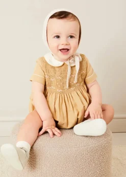 Dungarees & Rompers | Rompers | Pepa London Peter Pan Collar Hand Smocked Short Sleeve Romper in Camel (6mths-2yrs)