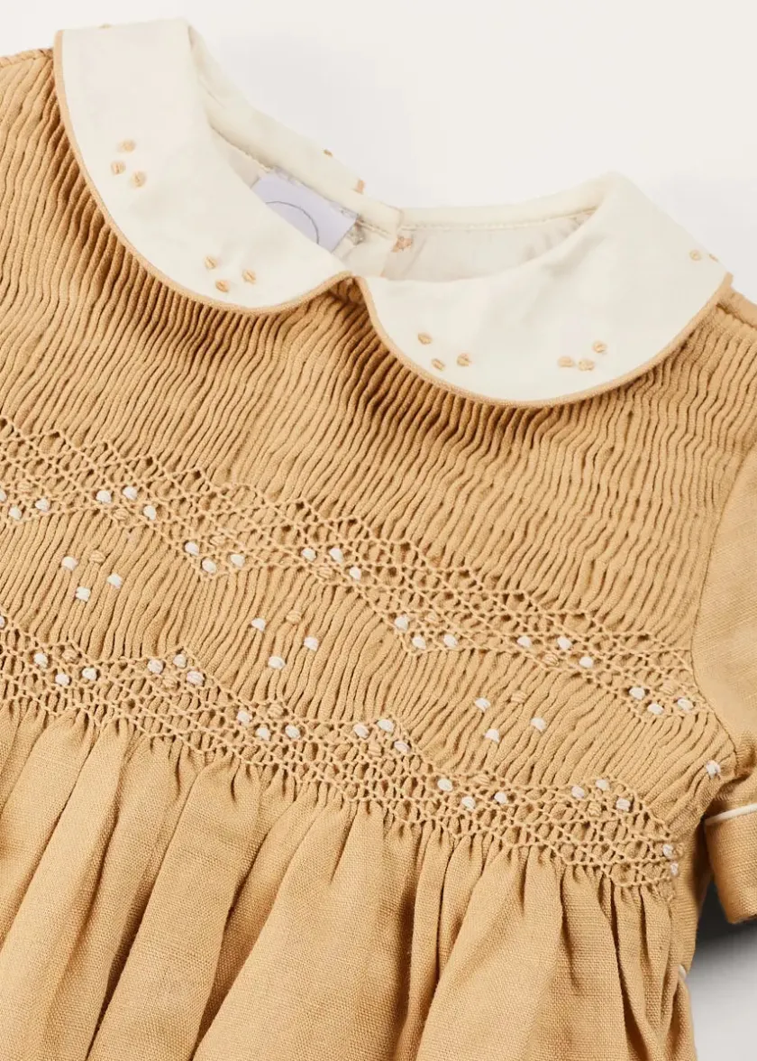 Dungarees & Rompers | Rompers | Pepa London Peter Pan Collar Hand Smocked Short Sleeve Romper in Camel (6mths-2yrs)