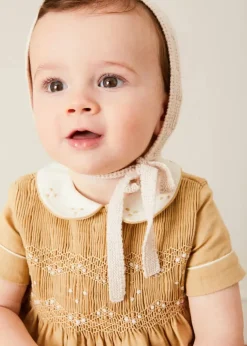 Dungarees & Rompers | Rompers | Pepa London Peter Pan Collar Hand Smocked Short Sleeve Romper in Camel (6mths-2yrs)