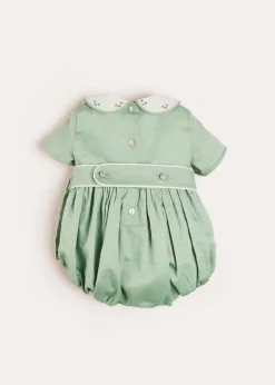 Dungarees & Rompers | Rompers | Pepa London Peter Pan Collar Hand Smocked Short Sleeve Romper in Green (3mths-2yrs)