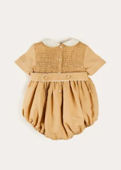 Dungarees & Rompers | Rompers | Pepa London Peter Pan Collar Hand Smocked Short Sleeve Romper in Camel (6mths-2yrs)