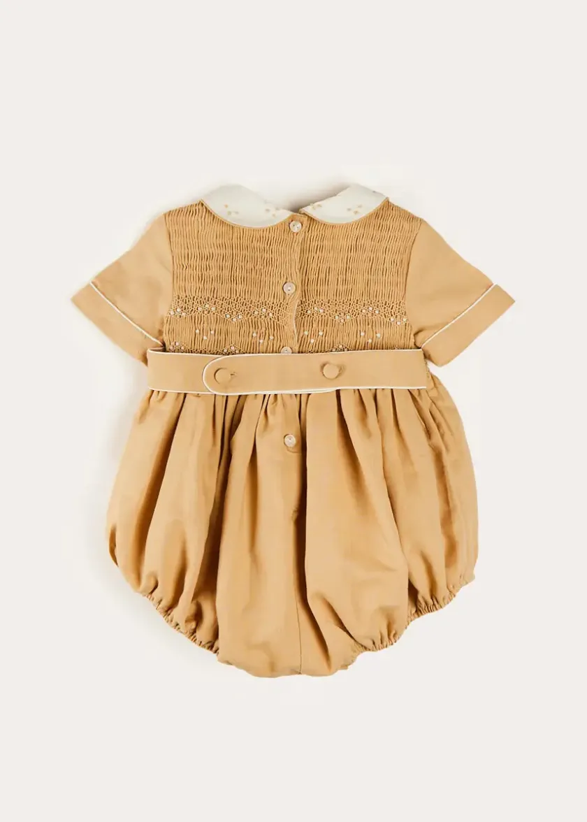 Dungarees & Rompers | Rompers | Pepa London Peter Pan Collar Hand Smocked Short Sleeve Romper in Camel (6mths-2yrs)