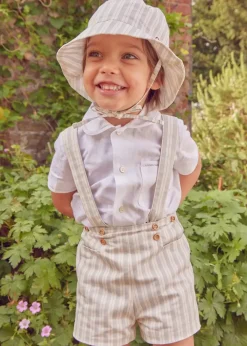 Lookbooks | Pepa London Peter Pan Collar Trim Detail Short Sleeve Shirt in White (12mths-5yrs) | Brompton Striped Shorts With Braces in Beige (12mths-4yrs) | T-Bar Leather Baby Shoes in Ivory (20-24EU) | Brompton Striped Sun Hat in Beige (XS-M) | Ribbed Short Socks in Beige (0mths-10yrs)