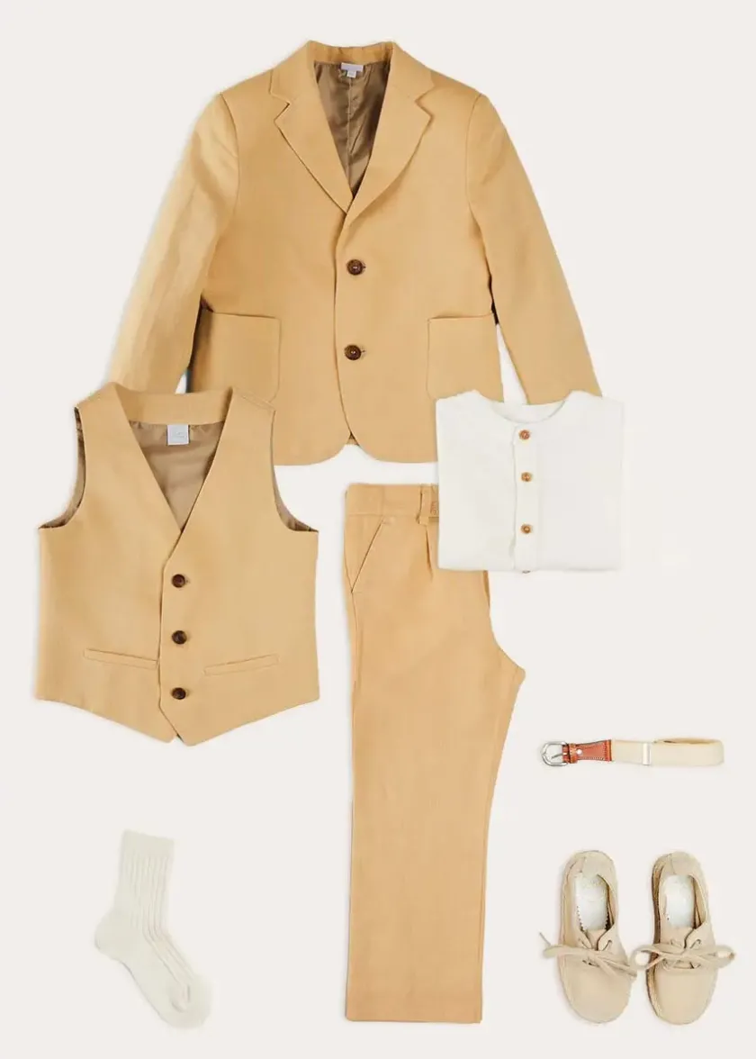 Lookbooks | Pepa London Plain Light Linen Blazer in Beige (4-10yrs) | Linen Mao Collar Long Sleeve Shirt in White (12mths-10yrs) | Plain Light Linen Vest in Beige (4-10yrs) | Linen Suit Trousers in Beige (4-10yrs) | Cream Boy's Belt | Suede Lace-up Espadrilles in Beige (24-35EU) | Ribbed Short Socks - Cream (0mths-10yrs)
