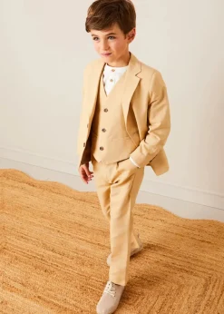 Lookbooks | Pepa London Plain Light Linen Blazer in Beige (4-10yrs) | Linen Mao Collar Long Sleeve Shirt in White (12mths-10yrs) | Plain Light Linen Vest in Beige (4-10yrs) | Linen Suit Trousers in Beige (4-10yrs) | Cream Boy's Belt | Suede Lace-up Espadrilles in Beige (24-35EU) | Ribbed Short Socks - Cream (0mths-10yrs)