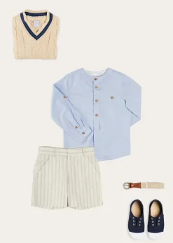 Lookbooks | Pepa London Plain Mao Collar Long Sleeve Shirt in Blue (4-10yrs) | Brompton Striped Shorts in Beige (4-10yrs) | Cable Knit V-Neck Jumper in Cream (4-10yrs) | Canvas Plimsolls in Navy (20-35EU) | Cream Boy's Belt