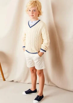 Lookbooks | Pepa London Plain Mao Collar Long Sleeve Shirt in Blue (4-10yrs) | Brompton Striped Shorts in Beige (4-10yrs) | Cable Knit V-Neck Jumper in Cream (4-10yrs) | Canvas Plimsolls in Navy (20-35EU) | Cream Boy's Belt