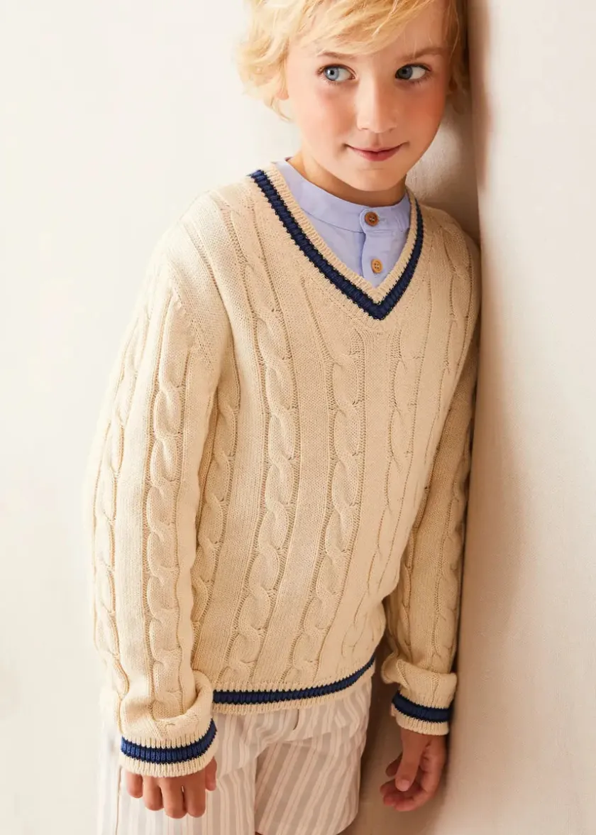 Lookbooks | Pepa London Plain Mao Collar Long Sleeve Shirt in Blue (4-10yrs) | Brompton Striped Shorts in Beige (4-10yrs) | Cable Knit V-Neck Jumper in Cream (4-10yrs) | Canvas Plimsolls in Navy (20-35EU) | Cream Boy's Belt