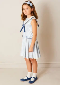 Lookbooks | Pepa London Regency Striped Mariner Collar Pleated Sleeveless Dress in Blue (2-10yrs) | Openwork Cotton Cardigan in Cream (6mths-10yrs) | Limited Edition Merrythought & Pepa Teddy Bear With Regency Striped Bow in Blue (S-L) | Blue Linen Big Bow Hairband | Openwork short socks White (0mths-8yrs)