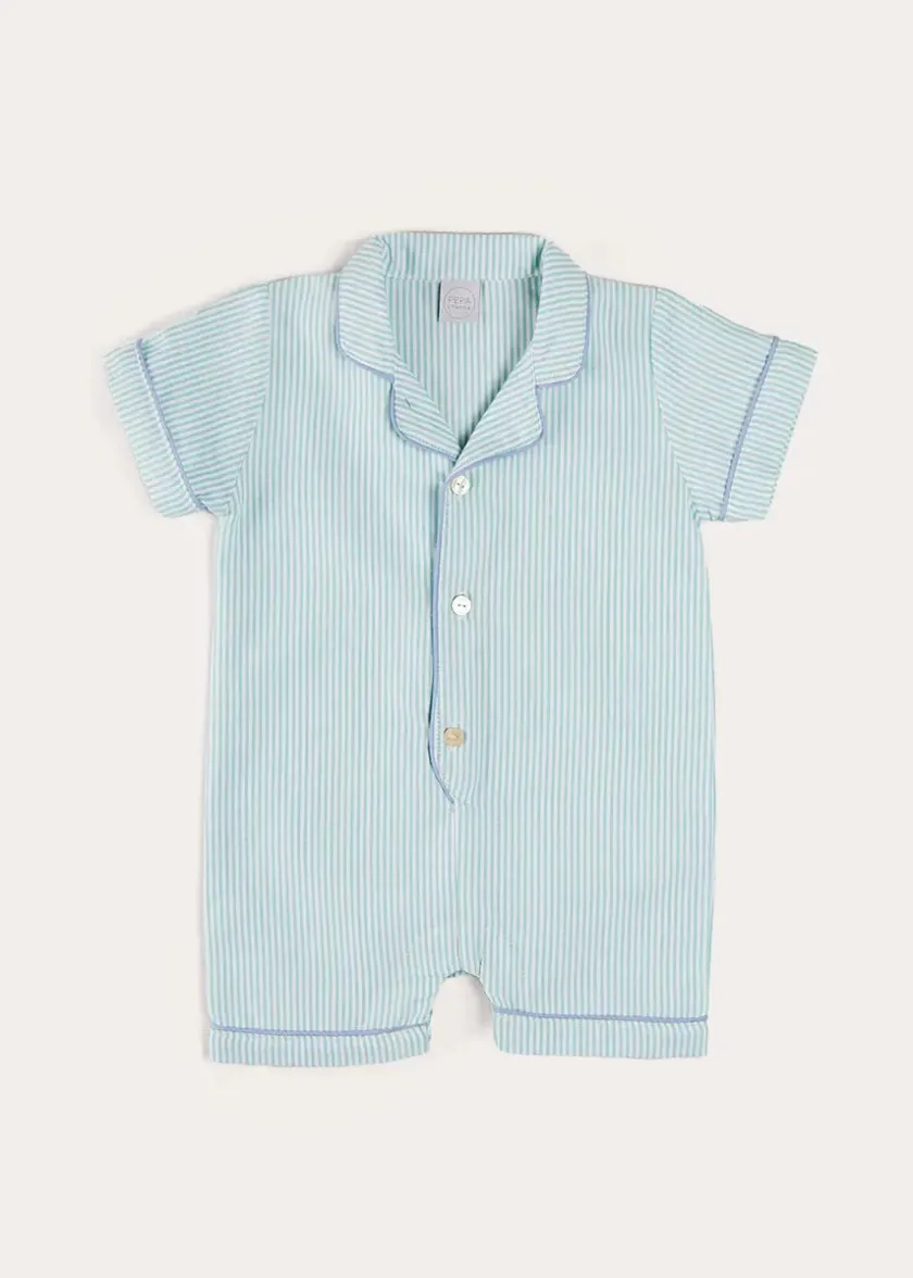 Nightwear | All In Ones | Pepa London Rochester Striped All-In-One Pyjamas in Green (9mths-2yrs)