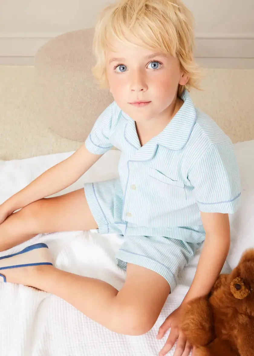 Nightwear | Nightwear | Pepa London Rochester Striped Short Sleeve Pyjamas in Green (18mths-10yrs)