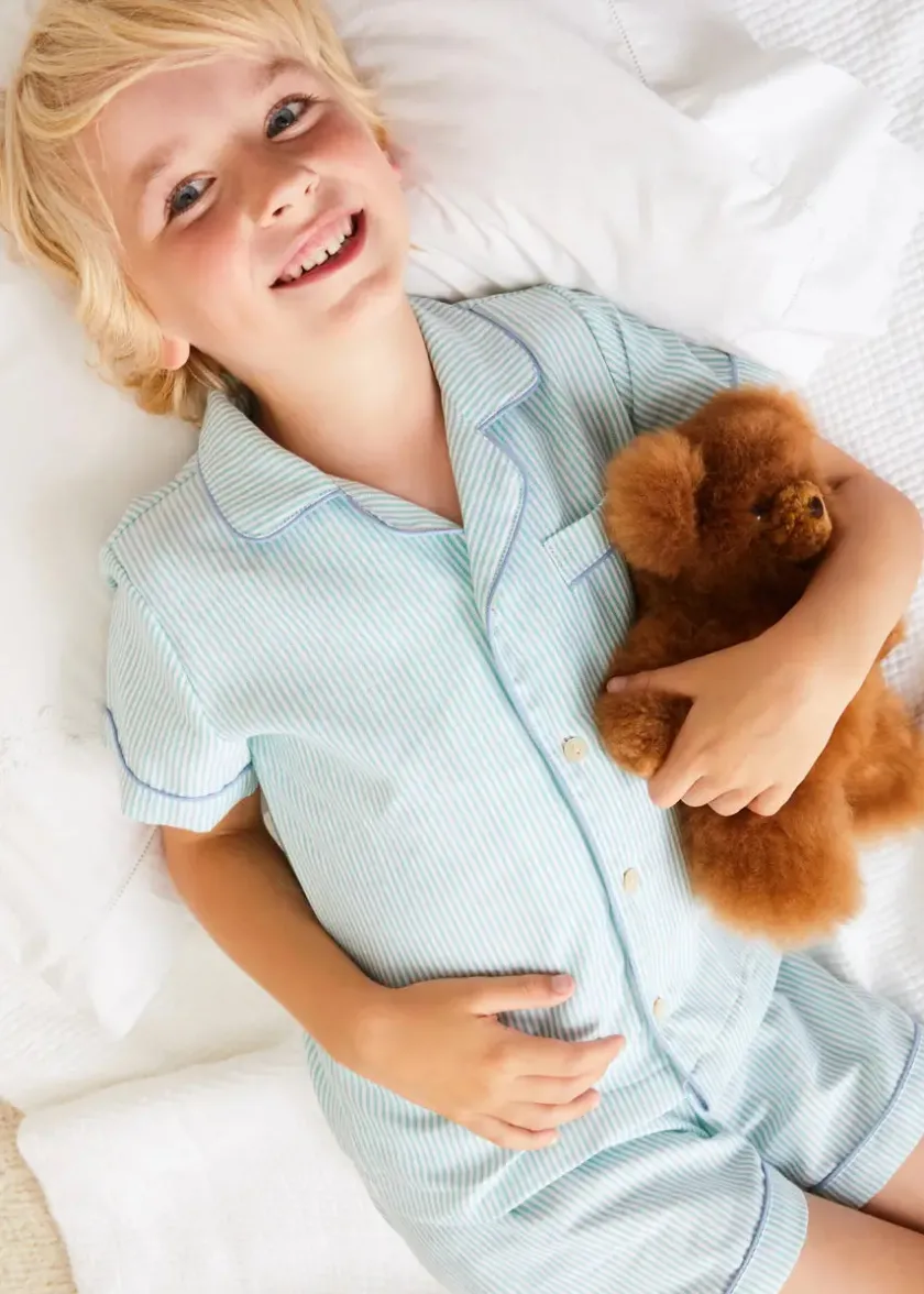 Lookbooks | Pepa London Rochester Striped Short Sleeve Pyjamas in Green (18mths-10yrs) | Rochester Striped Dressing Gown in Green (18mths-10yrs) | Linen Slippers With Contrast Piping in Cream (24-35EU)