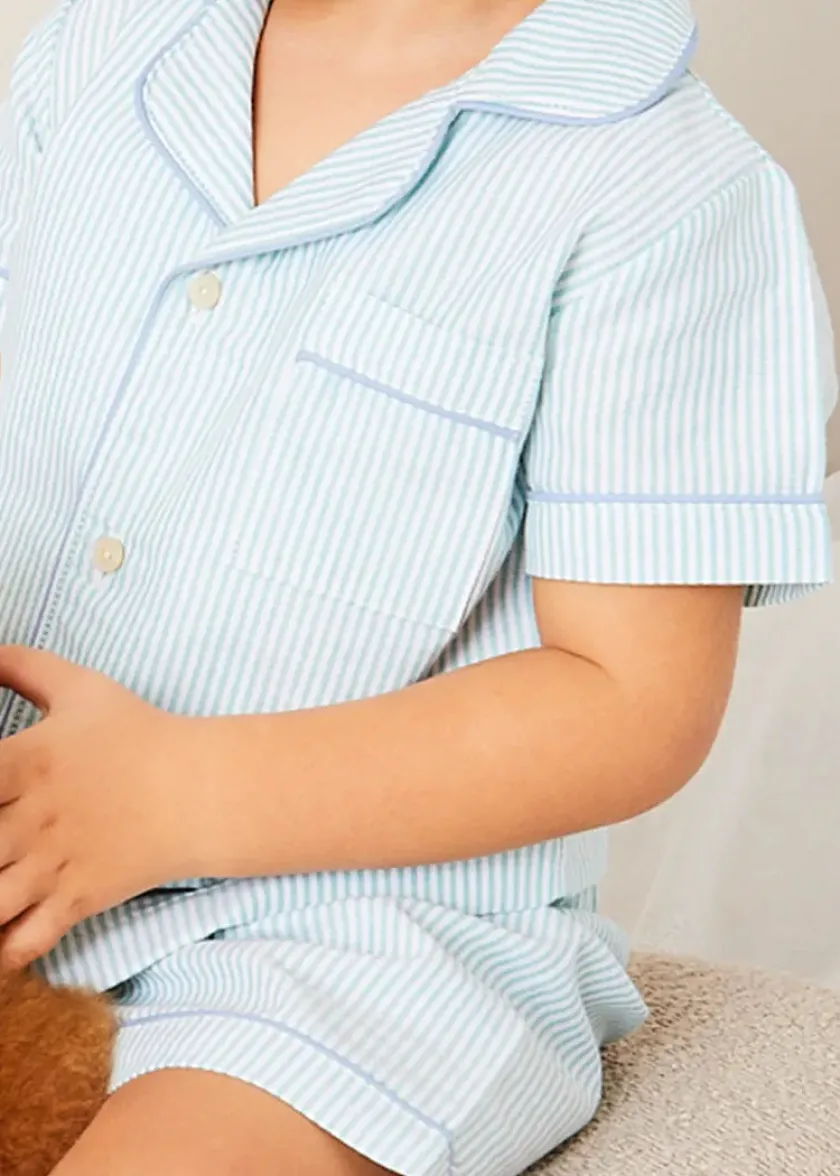 Lookbooks | Pepa London Rochester Striped Short Sleeve Pyjamas in Green (18mths-10yrs) | Rochester Striped Dressing Gown in Green (18mths-10yrs) | Linen Slippers With Contrast Piping in Cream (24-35EU) | Goodnight Winnie Pooh Book in Navy