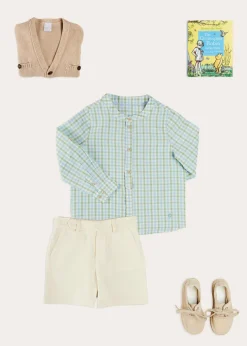 Lookbooks | Pepa London Safari Button Detail Cardigan in Camel (4-10yrs) | Maxwell Gingham Mao Collar Long Sleeve Shirt in Green (3-10yrs) | Plain Cotton Shorts in White (4-10yrs) | Suede Lace-up Espadrilles in Beige (24-35EU) | The Christopher Robin Collection Book