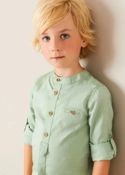Lookbooks | Pepa London Safari Button Detail Cardigan in Green (4-10yrs) | Plain Mao Collar Long Sleeve Shirt in Green (12mths-10yrs) | Plain Chino Shorts in Camel (4-10yrs) | Brown Striped Belt