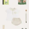 Lookbooks | Pepa London Safari Intarsia Cardigan in Green (6mths-6yrs) | Waterford Striped Polo Collar Short Sleeve Top in Beige (12mths-4yrs) | Striped Button Detail Bloomers in Beige (3mths-3yrs) | Suede T-Bar Pram Shoes in Beige (17-20EU) | Ribbed Short Socks in Beige (0mths-10yrs) | Little People, Big Dreams - David Attenborough Book in Green | Waterford Striped Dummy Clip in Beige