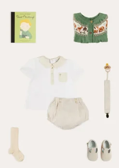 Lookbooks | Pepa London Safari Intarsia Cardigan in Green (6mths-6yrs) | Waterford Striped Polo Collar Short Sleeve Top in Beige (12mths-4yrs) | Striped Button Detail Bloomers in Beige (3mths-3yrs) | Suede T-Bar Pram Shoes in Beige (17-20EU) | Ribbed Short Socks in Beige (0mths-10yrs) | Little People, Big Dreams - David Attenborough Book in Green | Waterford Striped Dummy Clip in Beige