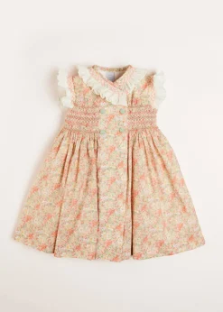 Dresses | Dresses | Pepa London Sophie Floral Print Hand Smocked Double Breasted Dress in Peach (12mths-10yrs)