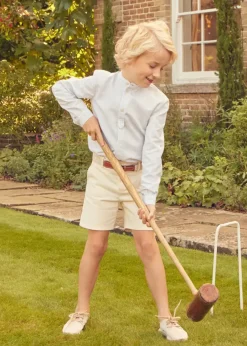 Lookbooks | Pepa London Stafford Striped Mao Collar Long Sleeve Shirt in Yellow (12mths-10yrs) | Plain Cotton Shorts in White (4-10yrs) | Suede Lace-up Espadrilles in Beige (24-35EU) | Cream Boy's Belt