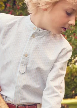 Lookbooks | Pepa London Stafford Striped Mao Collar Long Sleeve Shirt in Yellow (12mths-10yrs) | Plain Cotton Shorts in White (4-10yrs) | Suede Lace-up Espadrilles in Beige (24-35EU) | Cream Boy's Belt