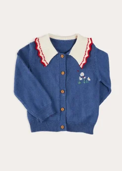 Knitwear & Cardigans | Knitwear & Cardigans | Pepa London Statement Collar Floral Embroidery Cardigan in Navy (2-10yrs)