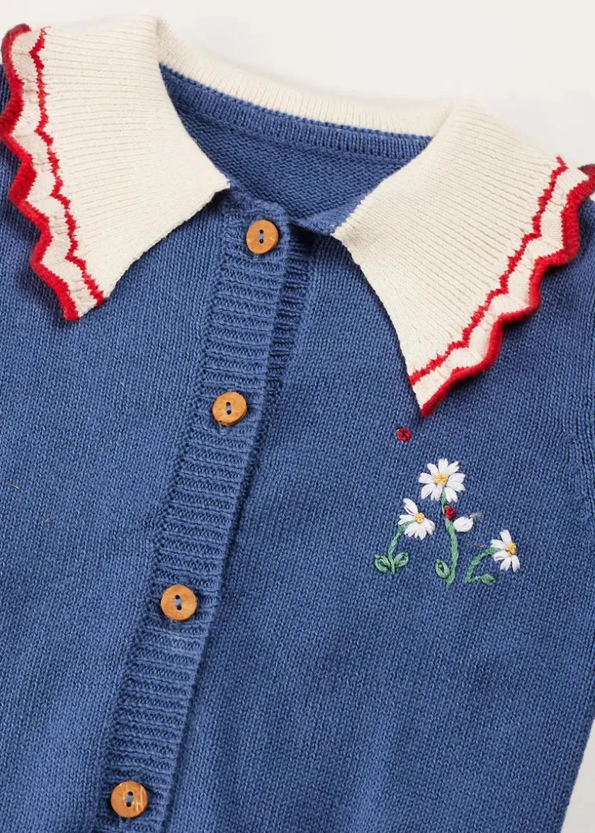 Knitwear & Cardigans | Knitwear & Cardigans | Pepa London Statement Collar Floral Embroidery Cardigan in Navy (2-10yrs)