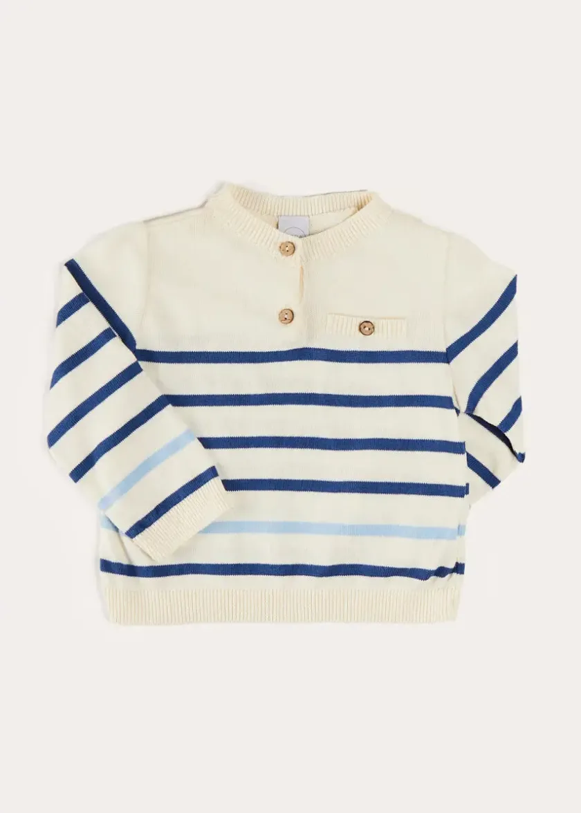 Knitwear & Cardigans | Knitwear & Cardigans | Pepa London Striped Crewneck Button Detail Jumper in Blue (12mths-10yrs)