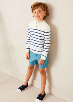Lookbooks | Pepa London Striped Crewneck Button Detail Jumper in Blue (12mths-10yrs) | Stafford Striped Mao Collar Long Sleeve Shirt in Yellow (12mths-10yrs) | Plain Pocket Detail Shorts in Blue (4-10yrs) | Canvas Plimsolls in Navy (20-35EU) | Navy Belt
