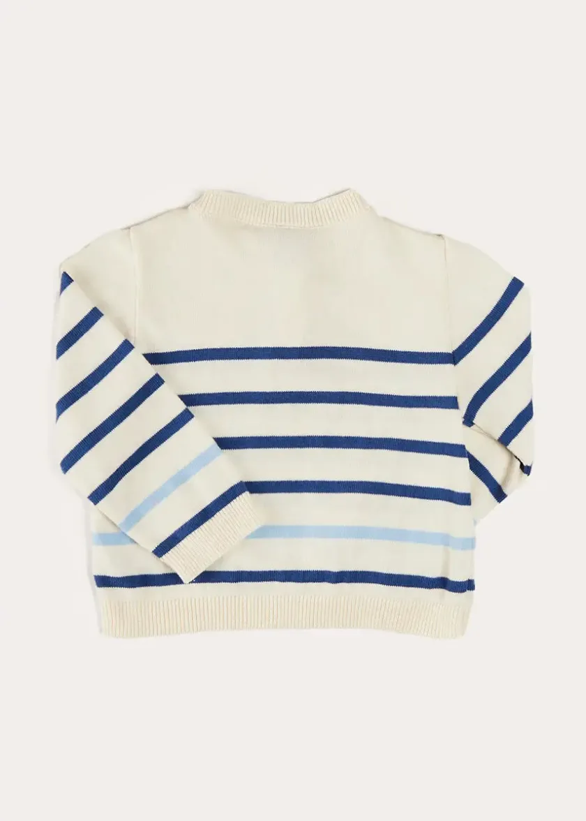 Knitwear & Cardigans | Knitwear & Cardigans | Pepa London Striped Crewneck Button Detail Jumper in Blue (12mths-10yrs)