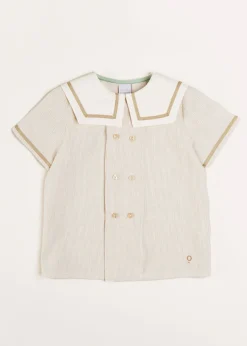 Tops & Shirts | Shirts | Pepa London Striped Mariner Collar Short Sleeve Shirt in Beige (12mths-6yrs)